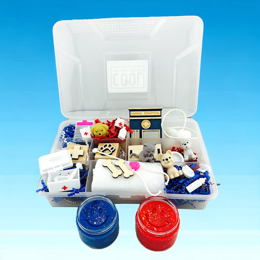 Animal Hospital Busy Box, Educational Toys for Kids, Interactive Play Set, Veterinary Play Dough Box, Kinetic Sand Kit