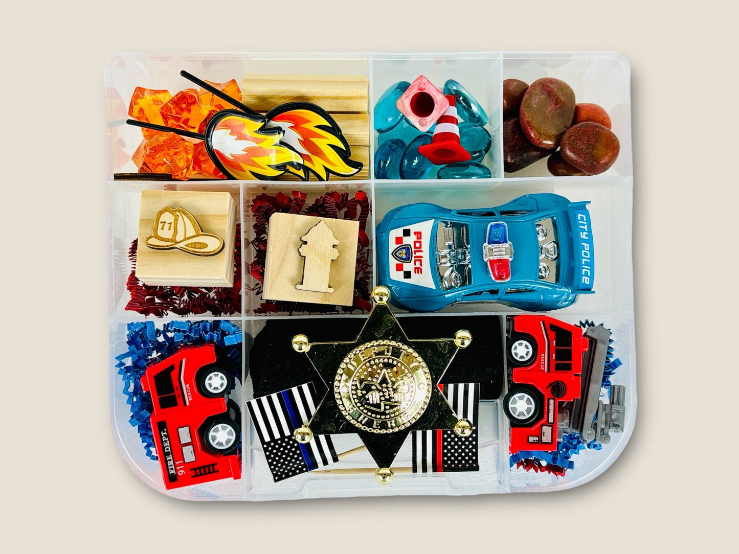 Rescue Team Sensory Kit, Fireman Play Dough Kit, First Responder Busy Box, Policeman Birthday Gift for Boys, Kinetic Sand Kit