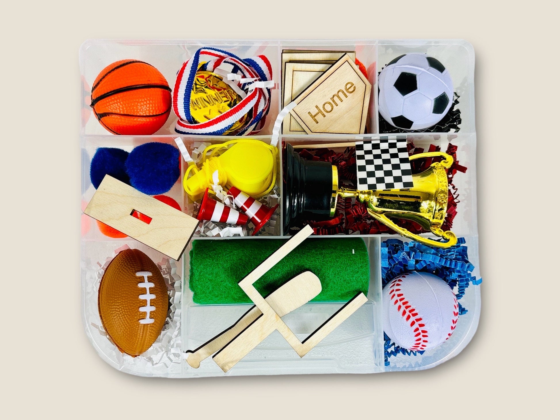 Sports Activity Sensory Kits, Baseball Play Dough Bin, Football busy box, Soccer activity box, Kinetic Sand Birthday gift for Boxes