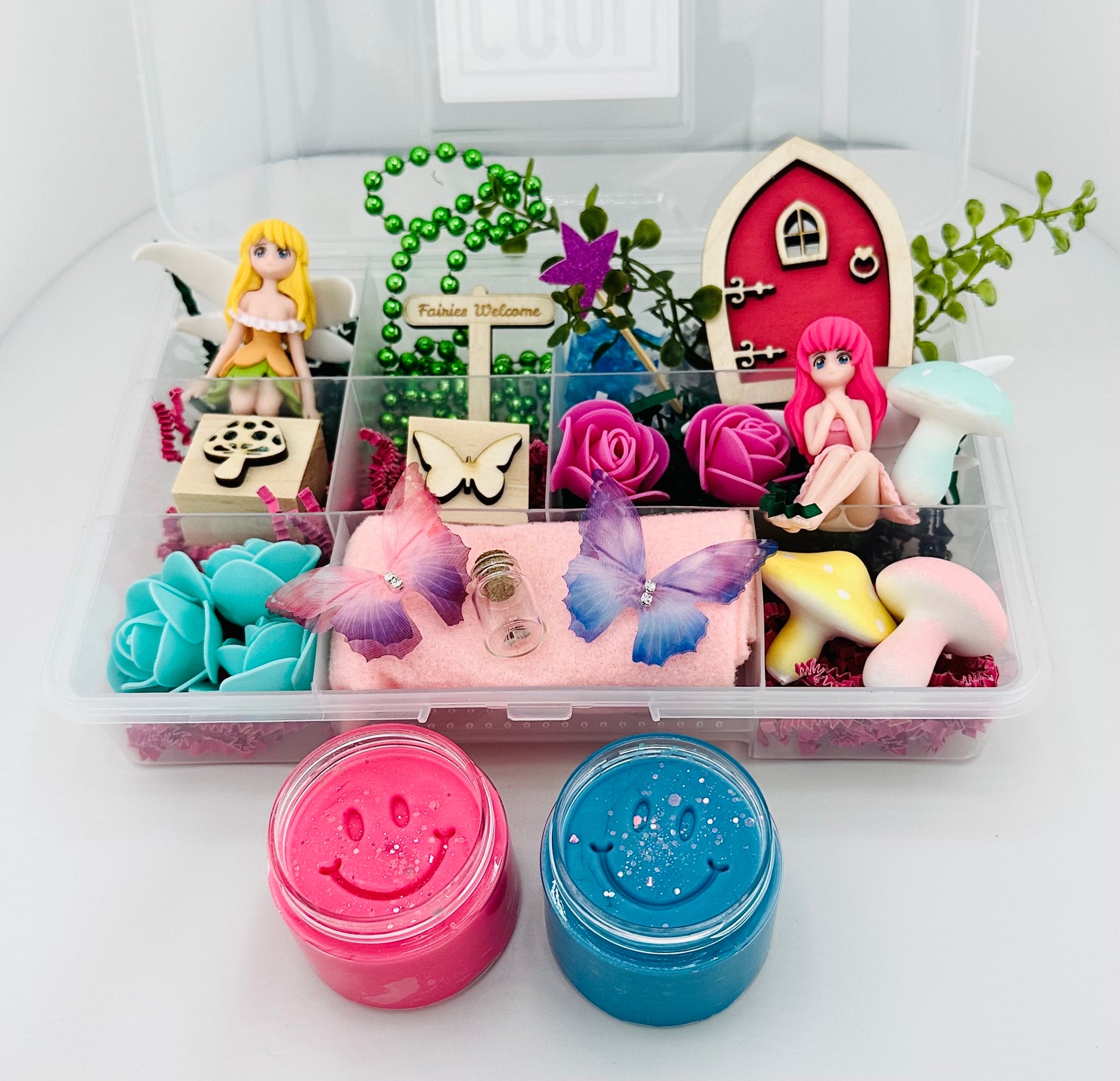 Fairy Garden Play Dough and Kinetic Sand Sensory Kit, Fairy Door Play Dough Busy Box, Montessori Adventure toys for Girls, Gift for Girls